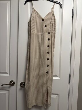 Mystree Beige Pinstripe Button-Front Midi Dress